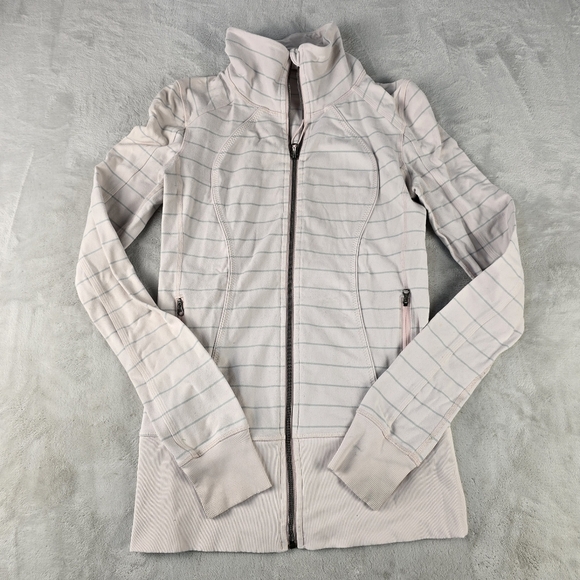 Lululemon Womens Sz 4 Stride Jacket Full Zip Sweater Thumbholes Pink Stripe - Picture 1 of 10